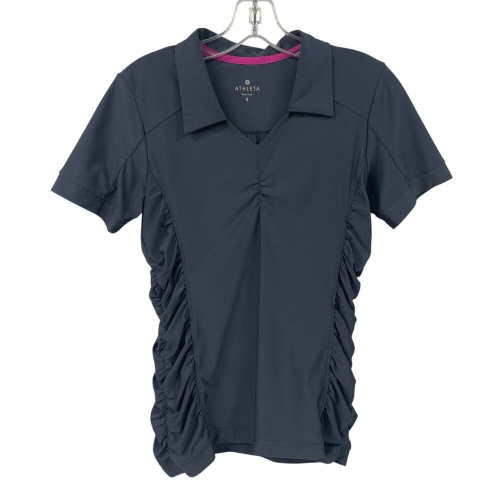 Athleta Short Sleeve Ruched Sides V Neck Golf Polo Dark Gray Womens Small